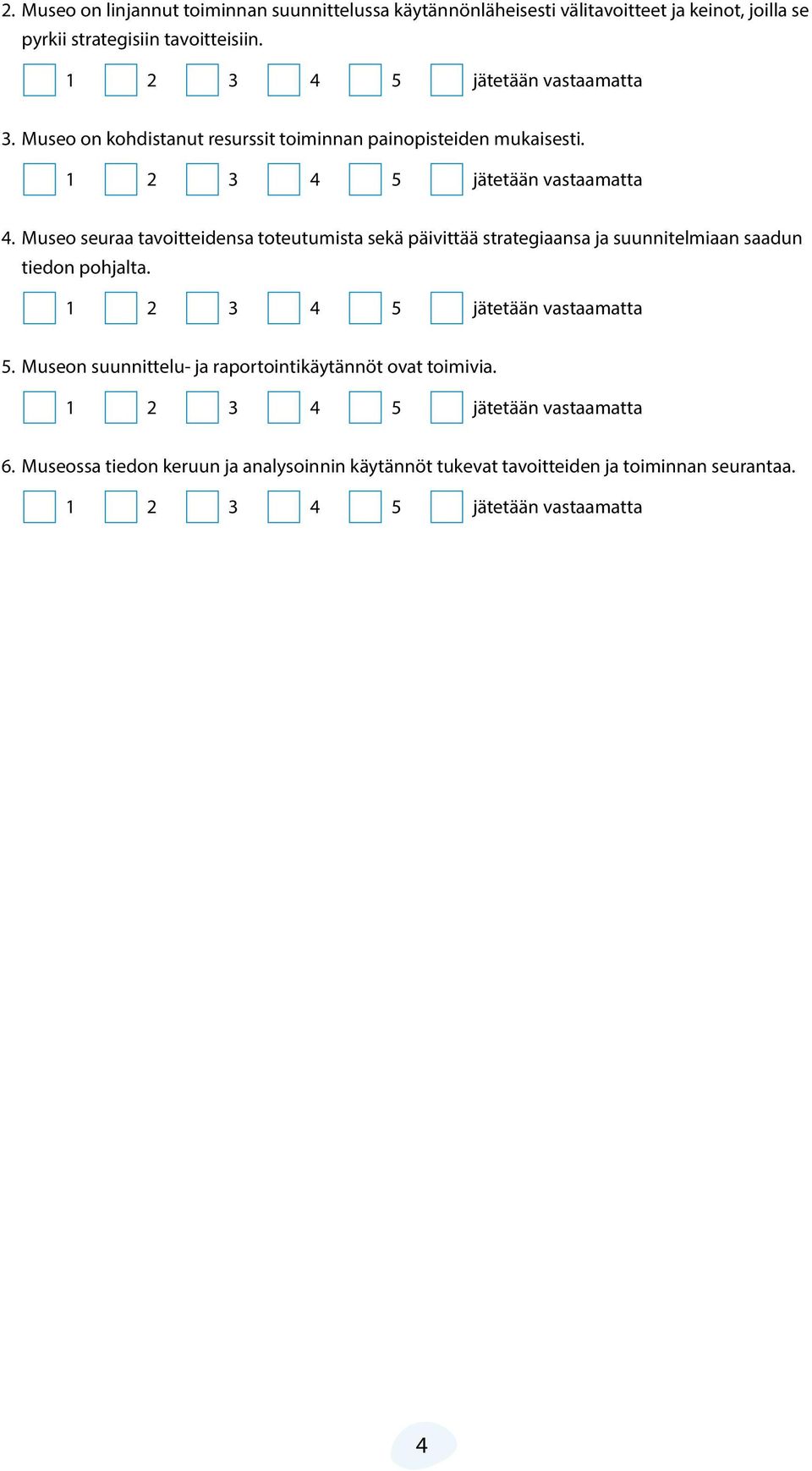 Museo seuraa tavoitteidensa toteutumista sekä päivittää strategiaansa ja suunnitelmiaan saadun tiedon pohjalta. 5.