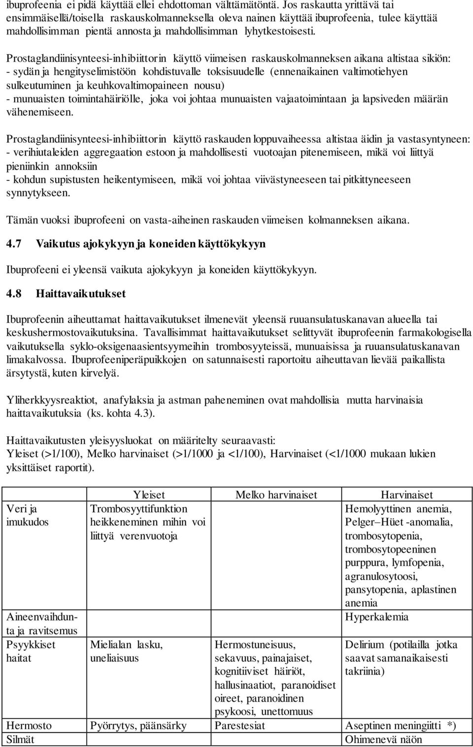 Prostaglandiinisynteesi-inhibiittorin käyttö viimeisen raskauskolmanneksen aikana altistaa sikiön: - sydän ja hengityselimistöön kohdistuvalle toksisuudelle (ennenaikainen valtimotiehyen