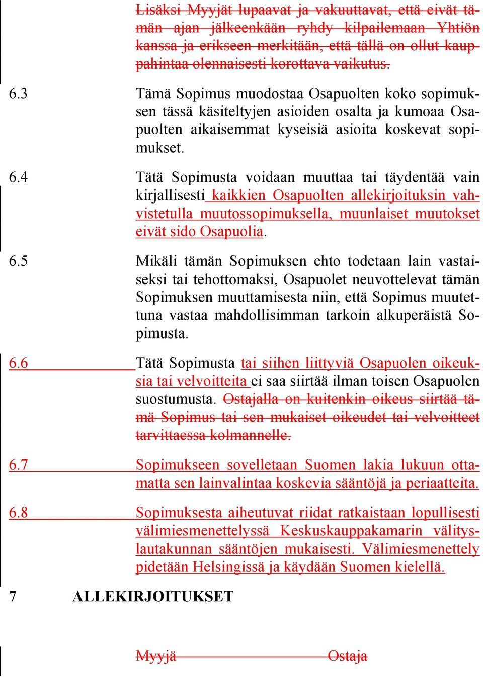 4 Tätä Sopimusta voidaan muuttaa tai täydentää vain kirjallisesti kaikkien Osapuolten allekirjoituksin vahvistetulla muutossopimuksella, muunlaiset muutokset eivät sido Osapuolia. 6.