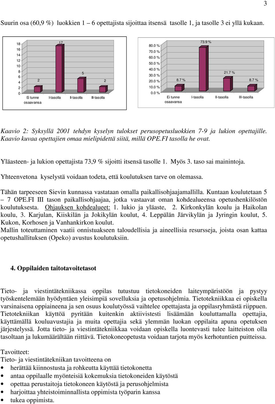 7 % I-tasolla II-tasolla III-tasolla Kaavio : Syksyllä 001 tehdyn kyselyn tulokset perusopetusluokkien 7-9 ja lukion opettajille. Kaavio kuvaa opettajien omaa mielipidettä siitä, millä OPE.