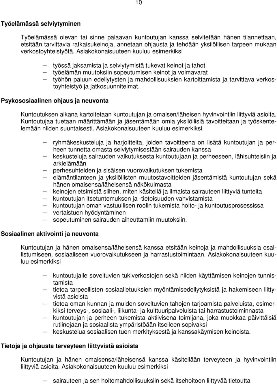 Asiakokonaisuuteen kuuluu esimerkiksi työssä jaksamista ja selviytymistä tukevat keinot ja tahot työelämän muutoksiin sopeutumisen keinot ja voimavarat työhön paluun edellytysten ja mahdollisuuksien