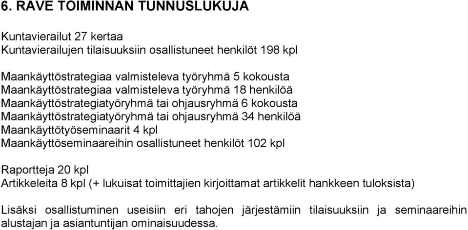 34 henkilöä Maankäyttötyöseminaarit 4 kpl Maankäyttöseminaareihin osallistuneet henkilöt 102 kpl Raportteja 20 kpl Artikkeleita 8 kpl (+ lukuisat toimittajien