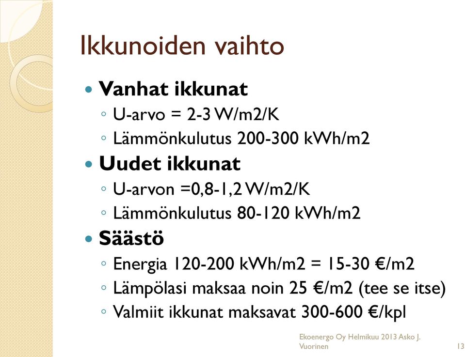 Energia 120-200 kwh/m2 = 15-30 /m2 Lämpölasi maksaa noin 25 /m2 (tee se itse)