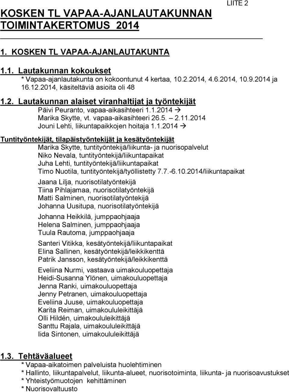 2014 Jouni Lehti, liikuntapaikkojen hoitaja 1.1.2014 Tuntityöntekijät, tilapäistyöntekijät ja kesätyöntekijät Marika Skytte, tuntityöntekijä/liikunta- ja nuorisopalvelut Niko Nevala,