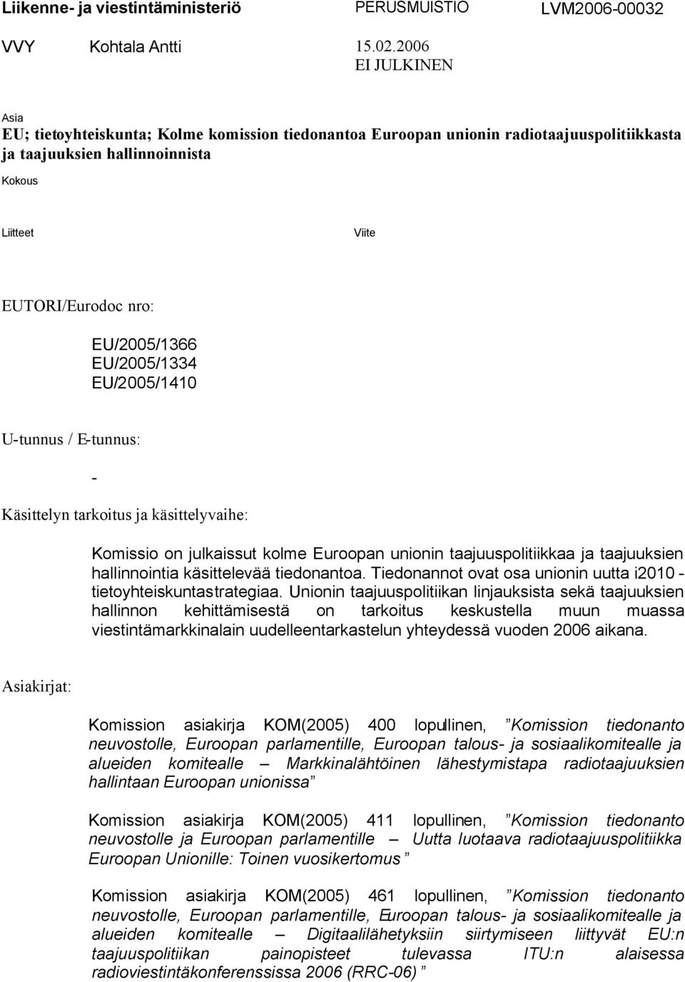 EU/2005/1366 EU/2005/1334 EU/2005/1410 U-tunnus / E-tunnus: - Käsittelyn tarkoitus ja käsittelyvaihe: Komissio on julkaissut kolme Euroopan unionin taajuuspolitiikkaa ja taajuuksien hallinnointia