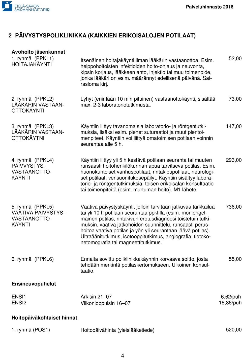 ryhmä (PPKL2) LÄÄKÄRIN VASTAAN- OTTOKÄYNTI Lyhyt (enintään 10 min pituinen) vastaanottokäynti, sisältää max. 2-3 laboratoriotutkimusta. 73,00 3.