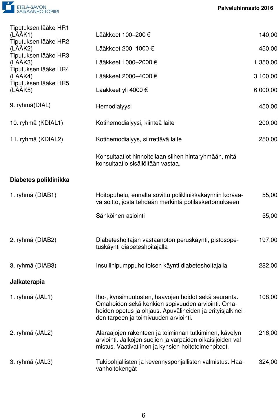 ryhmä (KDIAL2) Kotihemodialyys, siirrettävä laite 250,00 Diabetes poliklinikka Konsultaatiot hinnoitellaan siihen hintaryhmään, mitä konsultaatio sisällöltään vastaa. 1.