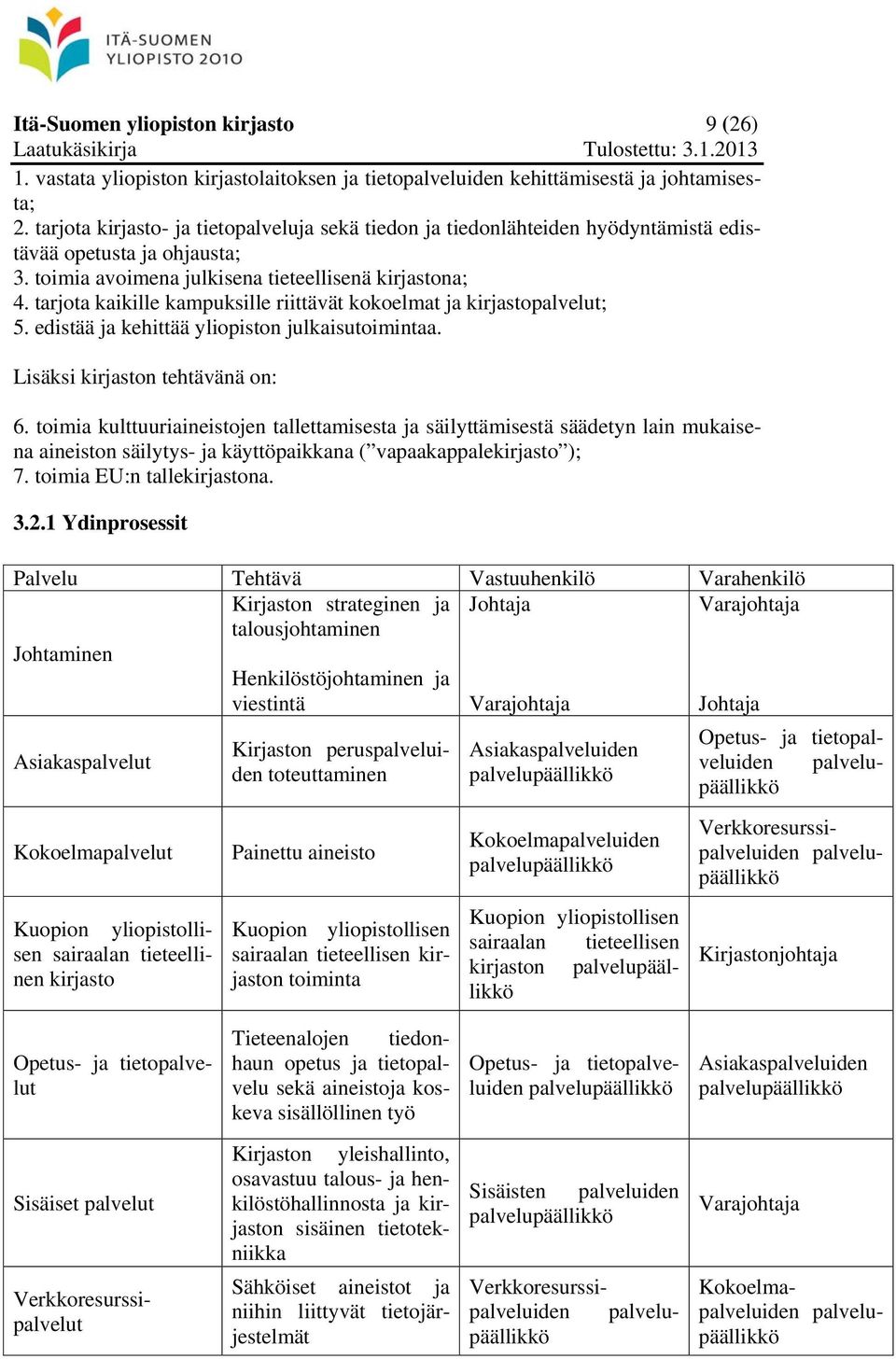 tarjota kaikille kampuksille riittävät kokoelmat ja kirjastopalvelut; 5. edistää ja kehittää yliopiston julkaisutoimintaa. Lisäksi kirjaston tehtävänä on: 6.