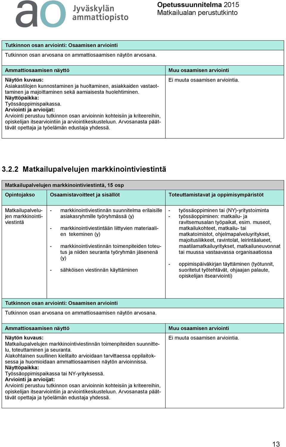 Arviointi ja arvioijat: Arviointi perustuu tutkinnon osan arvioinnin kohteisiin ja kriteereihin, opiskelijan itsearviointiin ja arviointikeskusteluun.