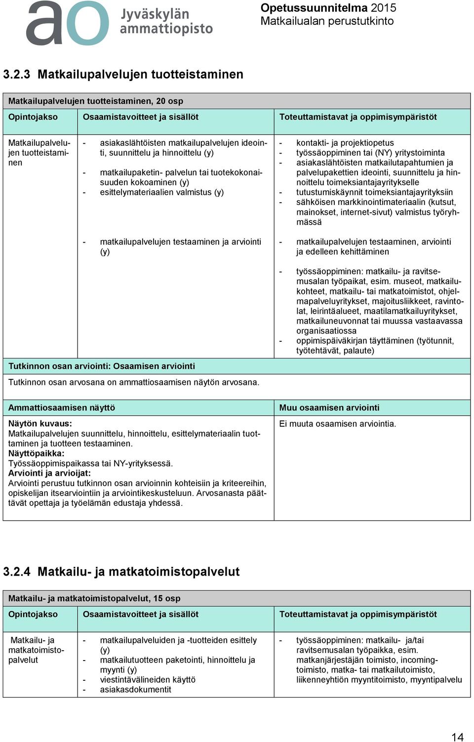 matkailupalvelujen testaaminen ja arviointi (y) - kontakti- ja projektiopetus - työssäoppiminen tai (NY) yritystoiminta - asiakaslähtöisten matkailutapahtumien ja palvelupakettien ideointi,