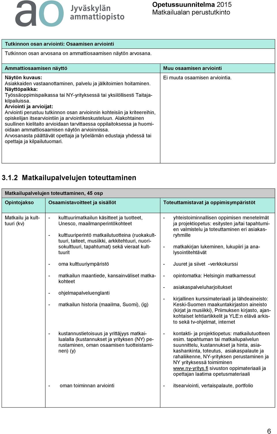 Arviointi ja arvioijat: Arviointi perustuu tutkinnon osan arvioinnin kohteisiin ja kriteereihin, opiskelijan itsearviointiin ja arviointikeskusteluun.