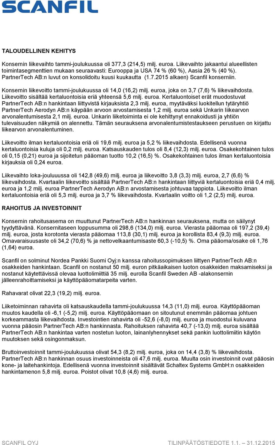 Konsernin liikevoitto tammi-joulukuussa oli 14,0 (16,2), joka on 3,7 (7,6) % liikevaihdosta. Liikevoitto sisältää kertaluontoisia eriä yhteensä 5,6.