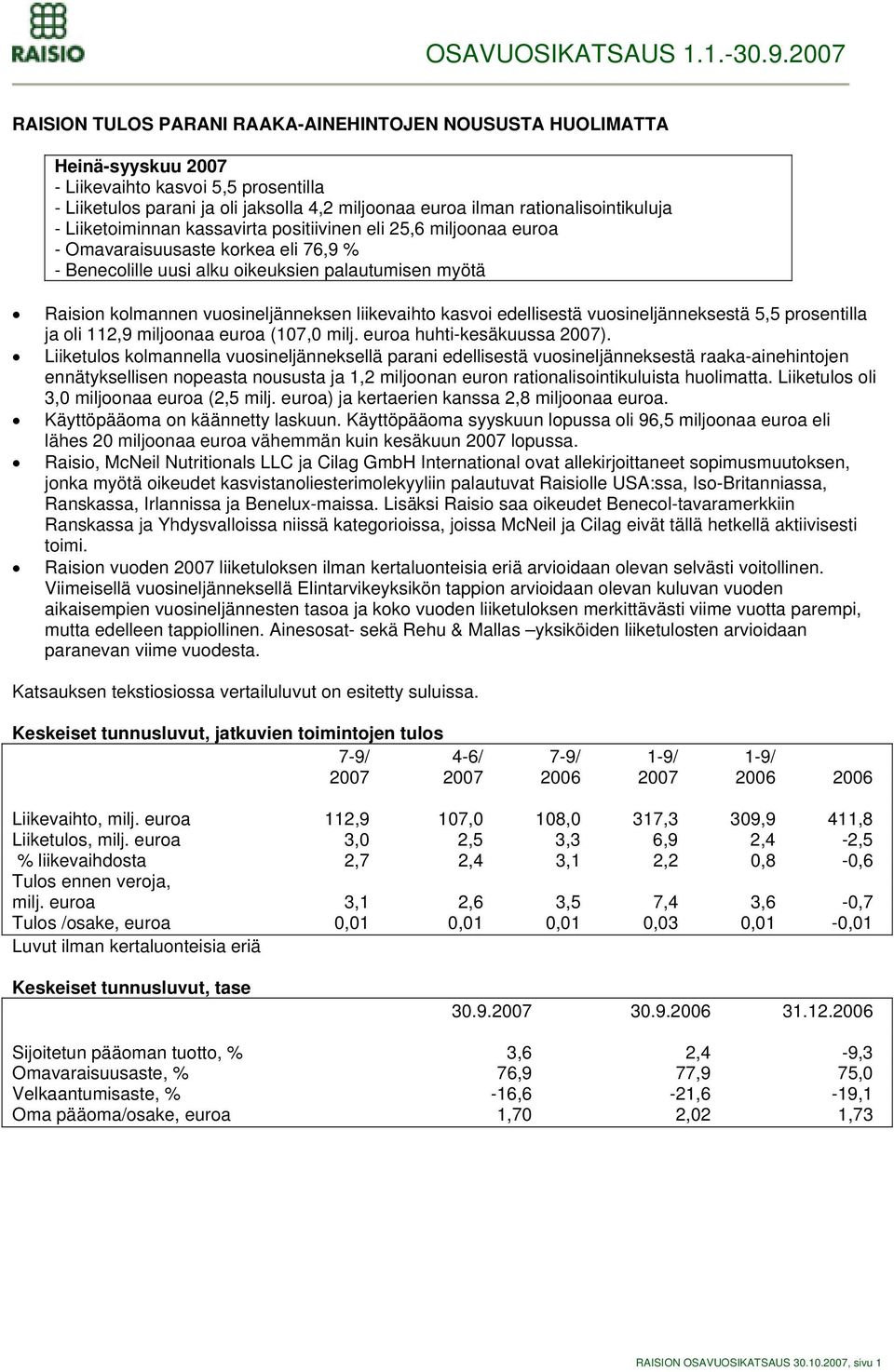 liikevaihto kasvoi edellisestä vuosineljänneksestä 5,5 prosentilla ja oli 112,9 miljoonaa euroa (107,0 milj. euroa huhti-kesäkuussa 2007).