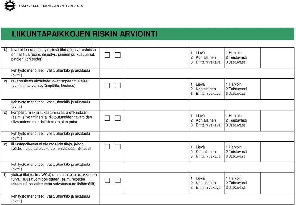 ilmanvaihto, lämpötila, kosteus) d) kompastumis- ja liukastumisvaara ehkäistään (esim.