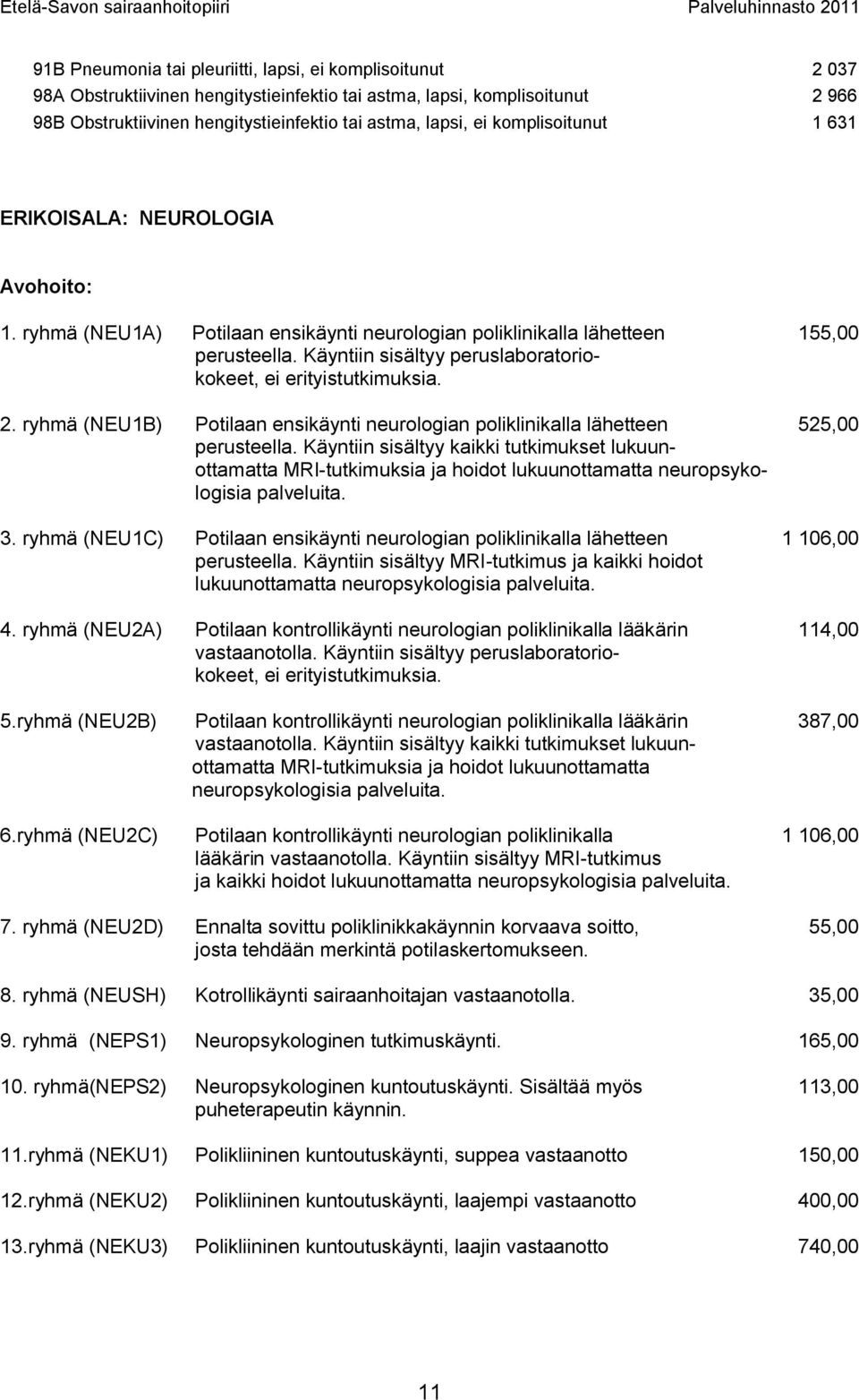 Käyntiin sisältyy peruslaboratoriokokeet, ei erityistutkimuksia. 2. ryhmä (NEU1B) Potilaan ensikäynti neurologian poliklinikalla lähetteen 525,00 perusteella.