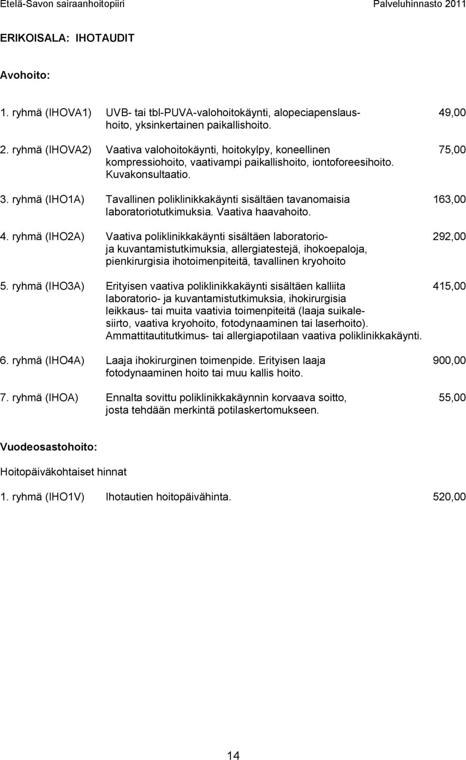 ryhmä (IHO1A) Tavallinen poliklinikkakäynti sisältäen tavanomaisia 163,00 laboratoriotutkimuksia. Vaativa haavahoito. 4.