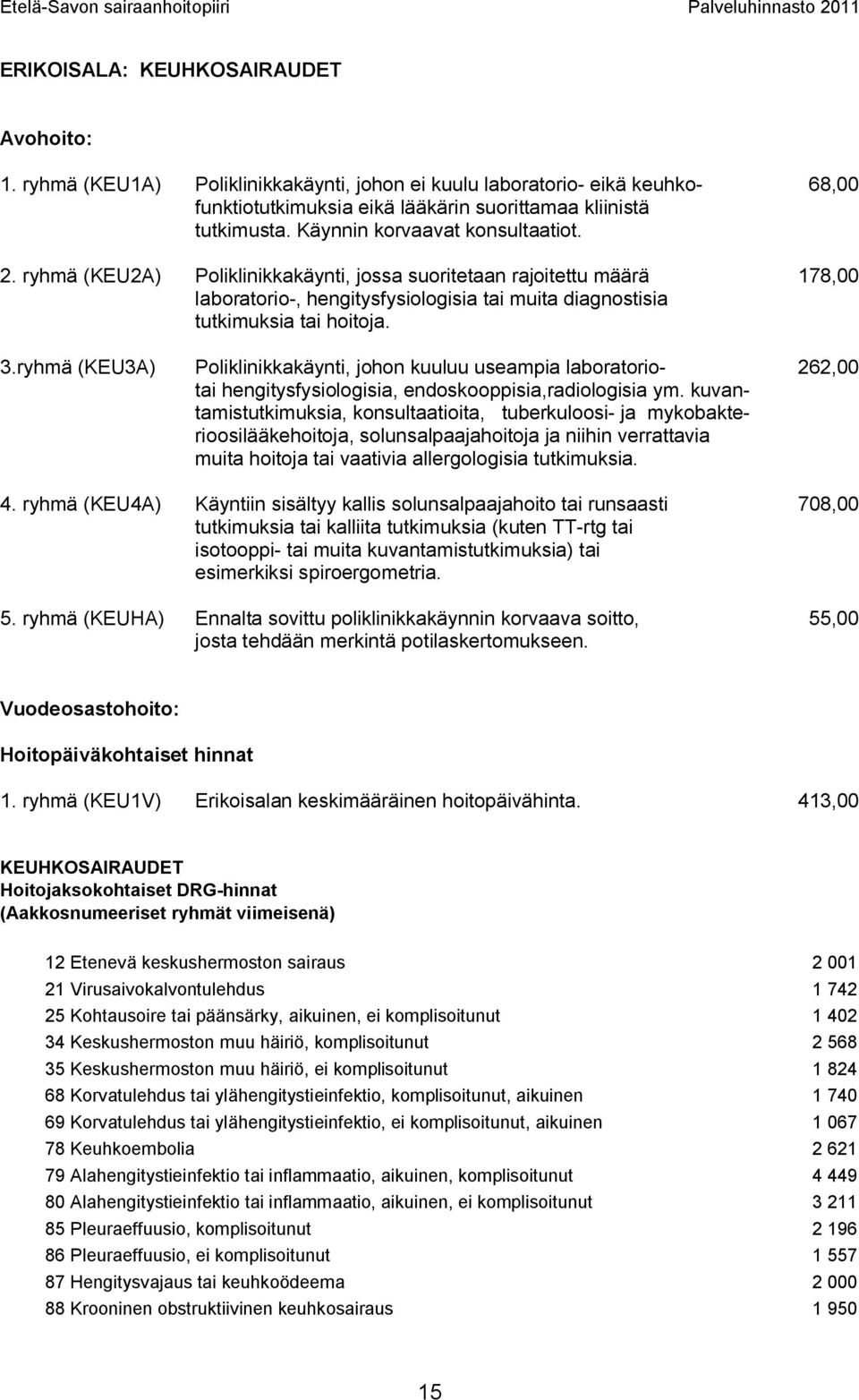 ryhmä (KEU3A) Poliklinikkakäynti, johon kuuluu useampia laboratorio- 262,00 tai hengitysfysiologisia, endoskooppisia,radiologisia ym.