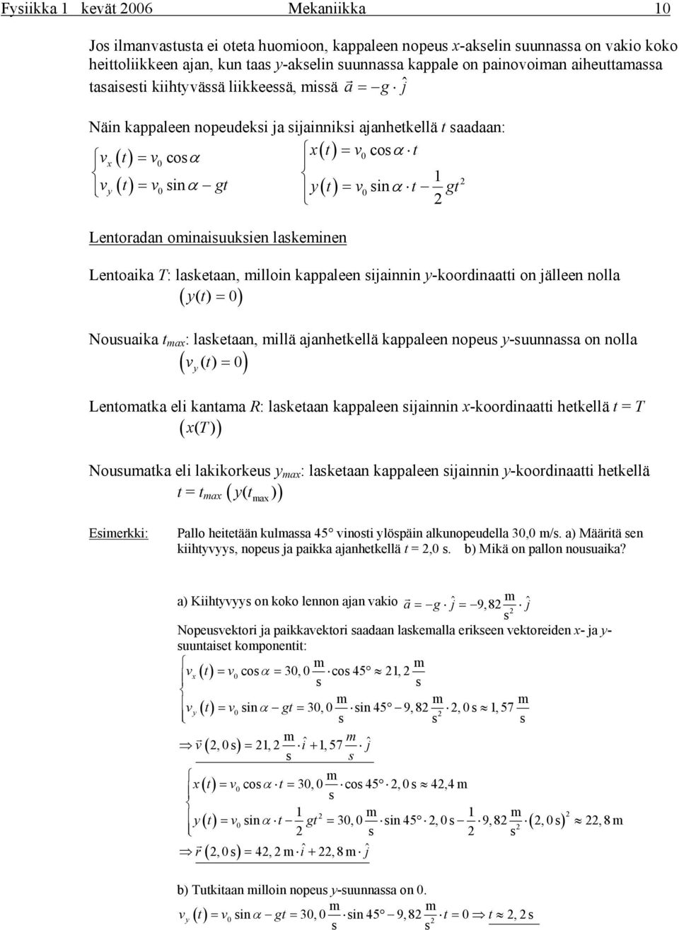 appaleen ijainnin y-oodinaatti on jälleen nolla yt () = 0 ( ) Nouuaia t a : laetaan, illä ajanhetellä appaleen nopeu y-uunnaa on nolla v () t = 0 ( y ) Lentoata eli antaa R: laetaan appaleen ijainnin