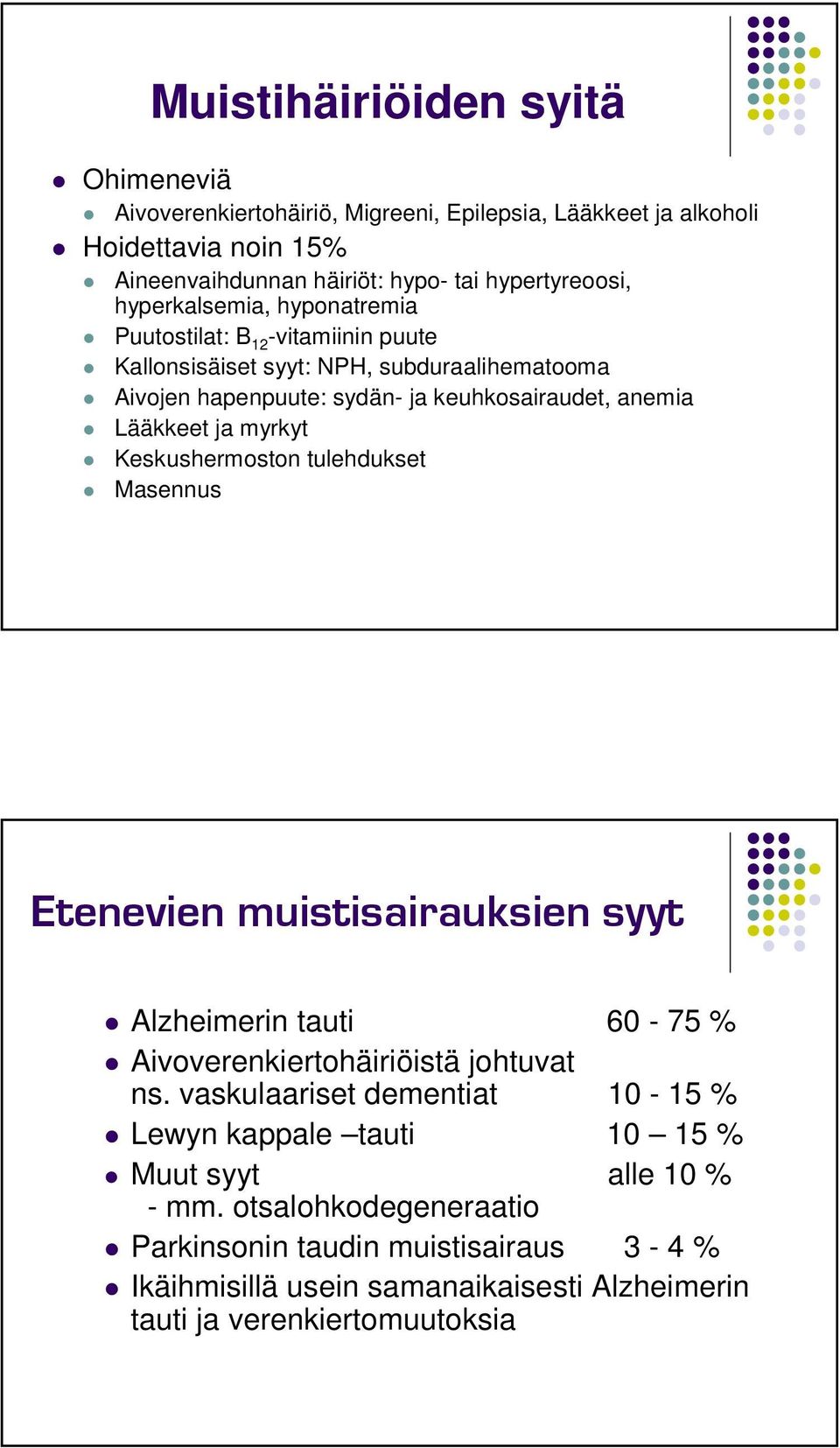 myrkyt Keskushermoston tulehdukset Masennus Etenevien muistisairauksien syyt Alzheimerin tauti 60-75 % Aivoverenkiertohäiriöistä johtuvat ns.