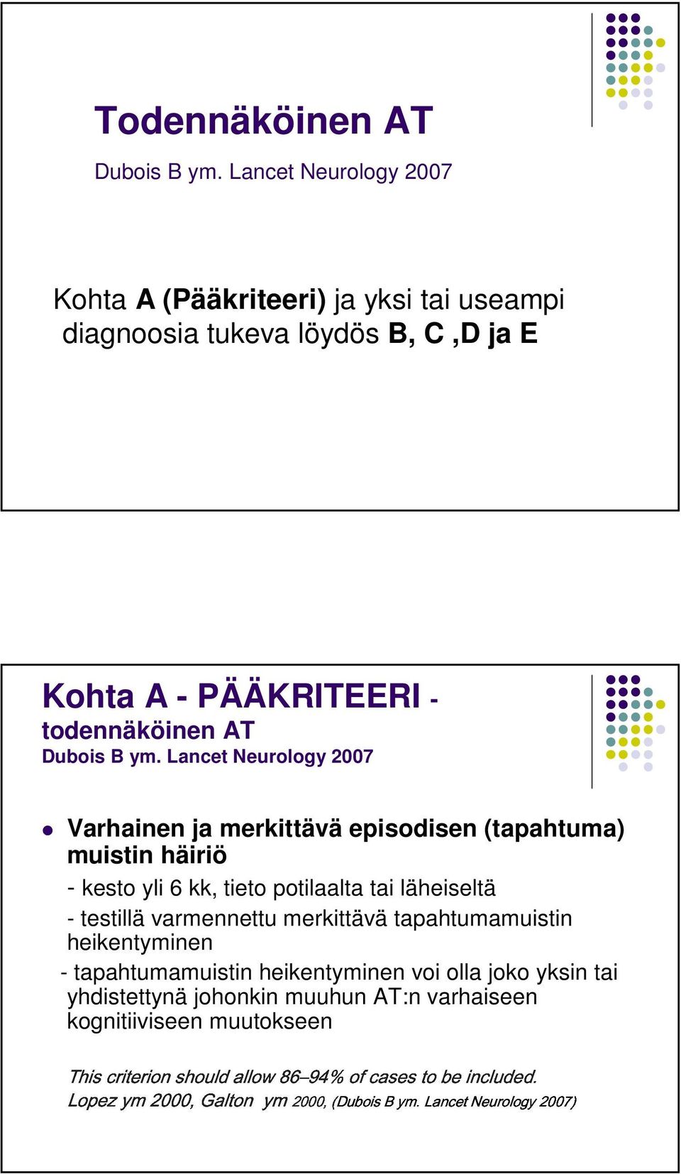 Lancet Neurology 2007 Varhainen ja merkittävä episodisen (tapahtuma) muistin häiriö - kesto yli 6 kk, tieto potilaalta tai läheiseltä