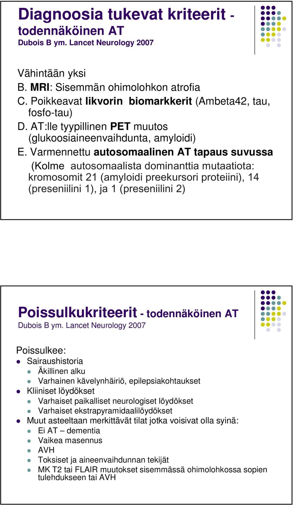 Varmennettu autosomaalinen AT tapaus suvussa (Kolme autosomaalista dominanttia mutaatiota: kromosomit 21 (amyloidi preekursori proteiini), 14 (preseniilini 1), ja 1 (preseniilini 2)
