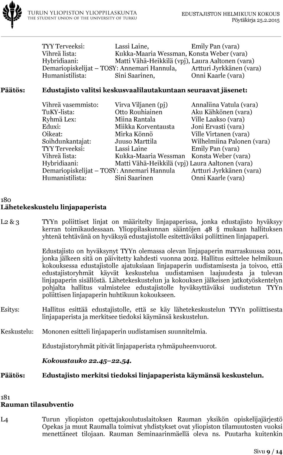 Annaliina Vatula (vara) TuKY-lista: Otto Rouhiainen Aku Kähkönen (vara) Ryhmä Lex: Miina Rantala Ville Laakso (vara) Eduxi: Miikka Korventausta Joni Ervasti (vara) Oikeat: Mirka Könnö Ville Virtanen