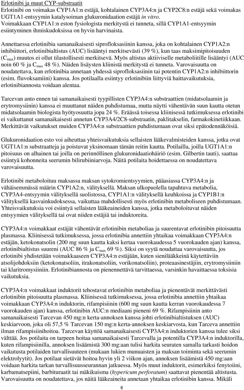Annettaessa erlotinibia samanaikaisesti siprofloksasiinin kanssa, joka on kohtalainen CYP1A2:n inhibiittori, erlotinibialtistus (AUC) lisääntyi merkitsevästi (39 %), kun taas maksimipitoisuuden (C