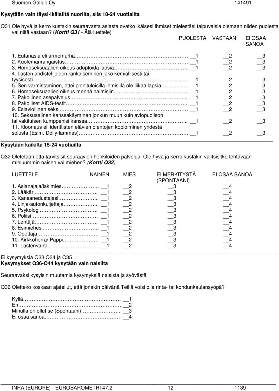 Lasten ahdistelijoiden rankaiseminen joko kemiallisesti tai fyysisesti. 5. Sen varmistaminen, ettei pienituloisilla ihmisillä ole liikaa lapsia. 6. Homoseksuaalien oikeus mennä naimisiin. 7.