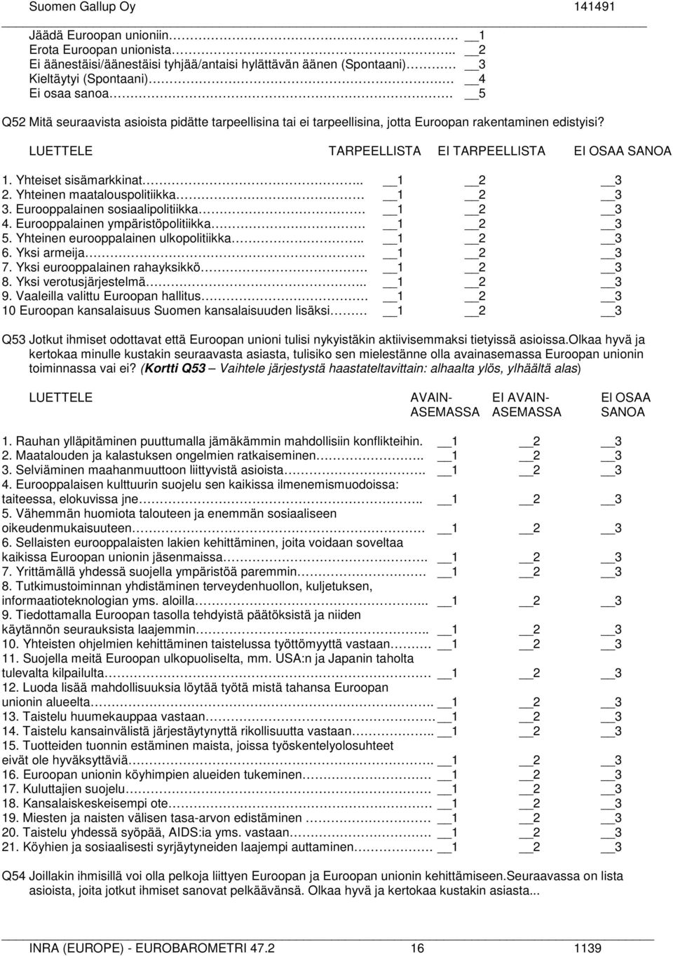 Yhteinen maatalouspolitiikka 3. Eurooppalainen sosiaalipolitiikka. 4. Eurooppalainen ympäristöpolitiikka. 5. Yhteinen eurooppalainen ulkopolitiikka.. 6. Yksi armeija. 7.