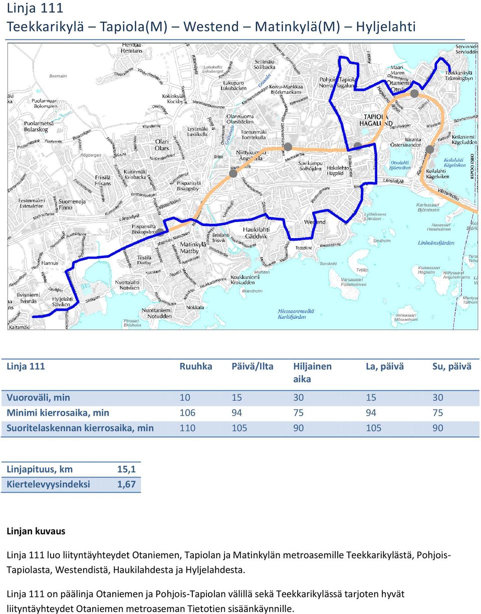 liityntäyhteydet Otaniemen, Tapiolan ja Matinkylän metroasemille Teekkarikylästä, Pohjois- Tapiolasta, Westendistä, Haukilahdesta ja Hyljelahdesta.