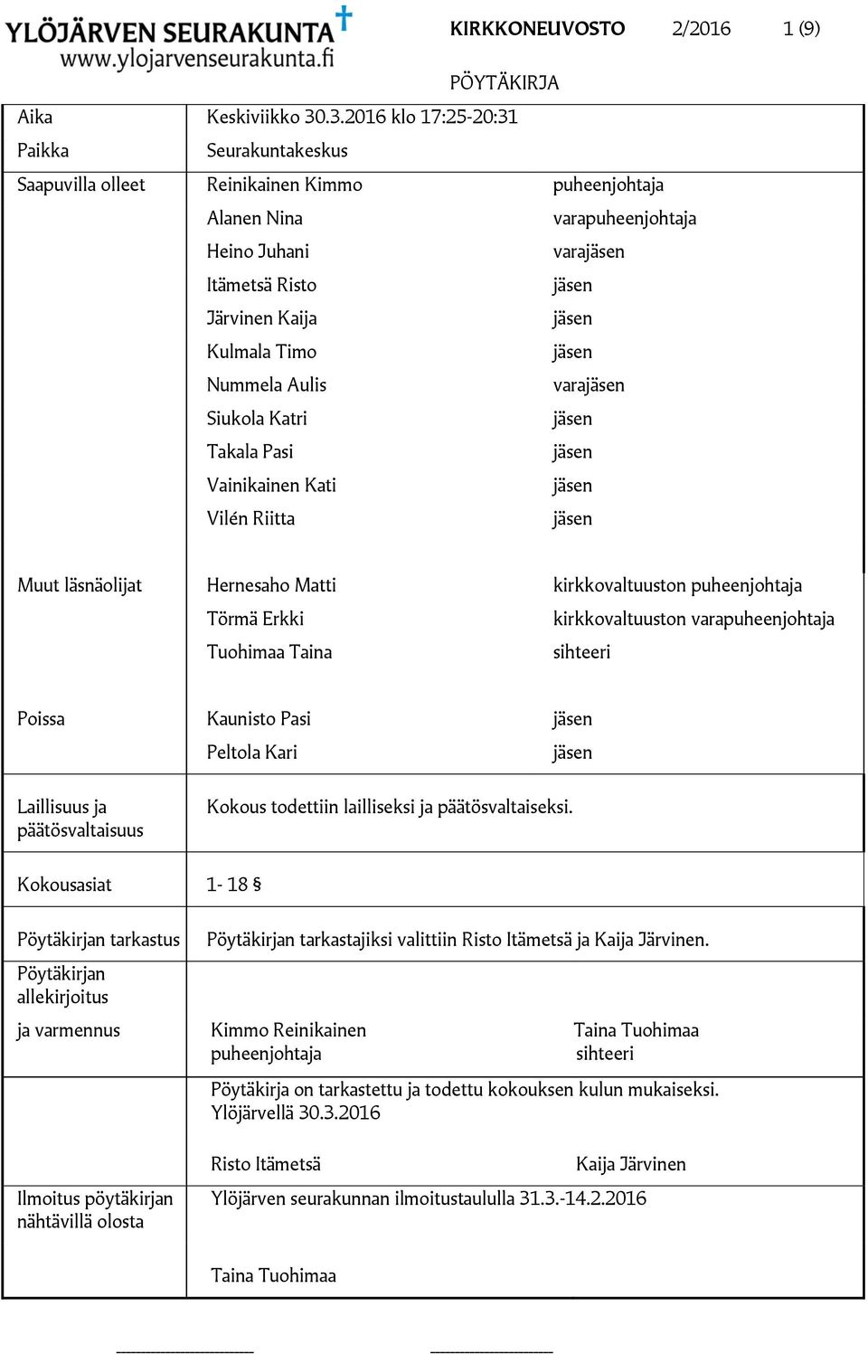 Aulis vara Siukola Katri Takala Pasi Vainikainen Kati Vilén Riitta Muut läsnäolijat Hernesaho Matti Törmä Erkki Tuohimaa Taina kirkkovaltuuston puheenjohtaja kirkkovaltuuston varapuheenjohtaja