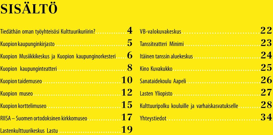 ..12 Kuopion korttelimuseo...15 RIISA Suomen ortodoksinen kirkkomuseo...17 Lastenkulttuurikeskus Lastu...19 VB-valokuvakeskus.