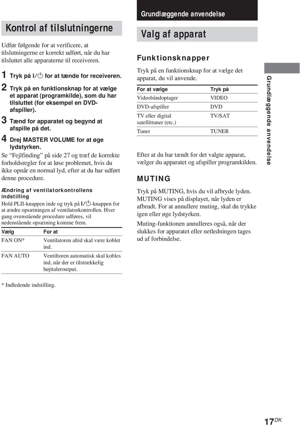 3 Tænd for apparatet og begynd at afspille på det. 4 Drej MASTER VOLUME for at øge lydstyrken.