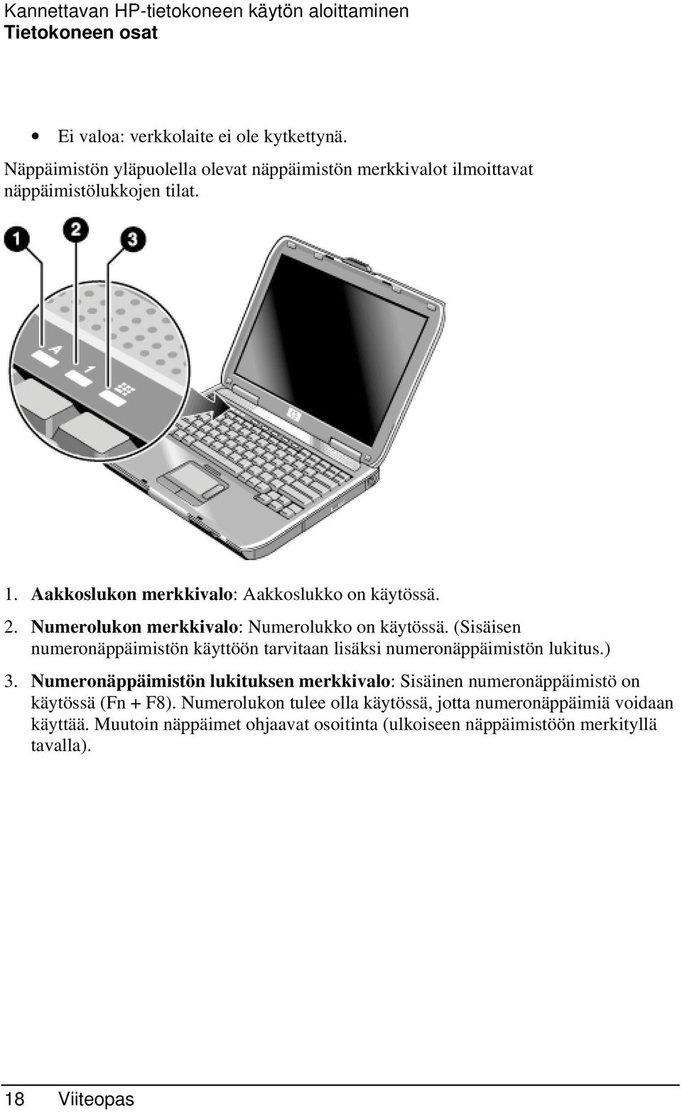 Numerolukon merkkivalo: Numerolukko on käytössä. (Sisäisen numeronäppäimistön käyttöön tarvitaan lisäksi numeronäppäimistön lukitus.) 3.