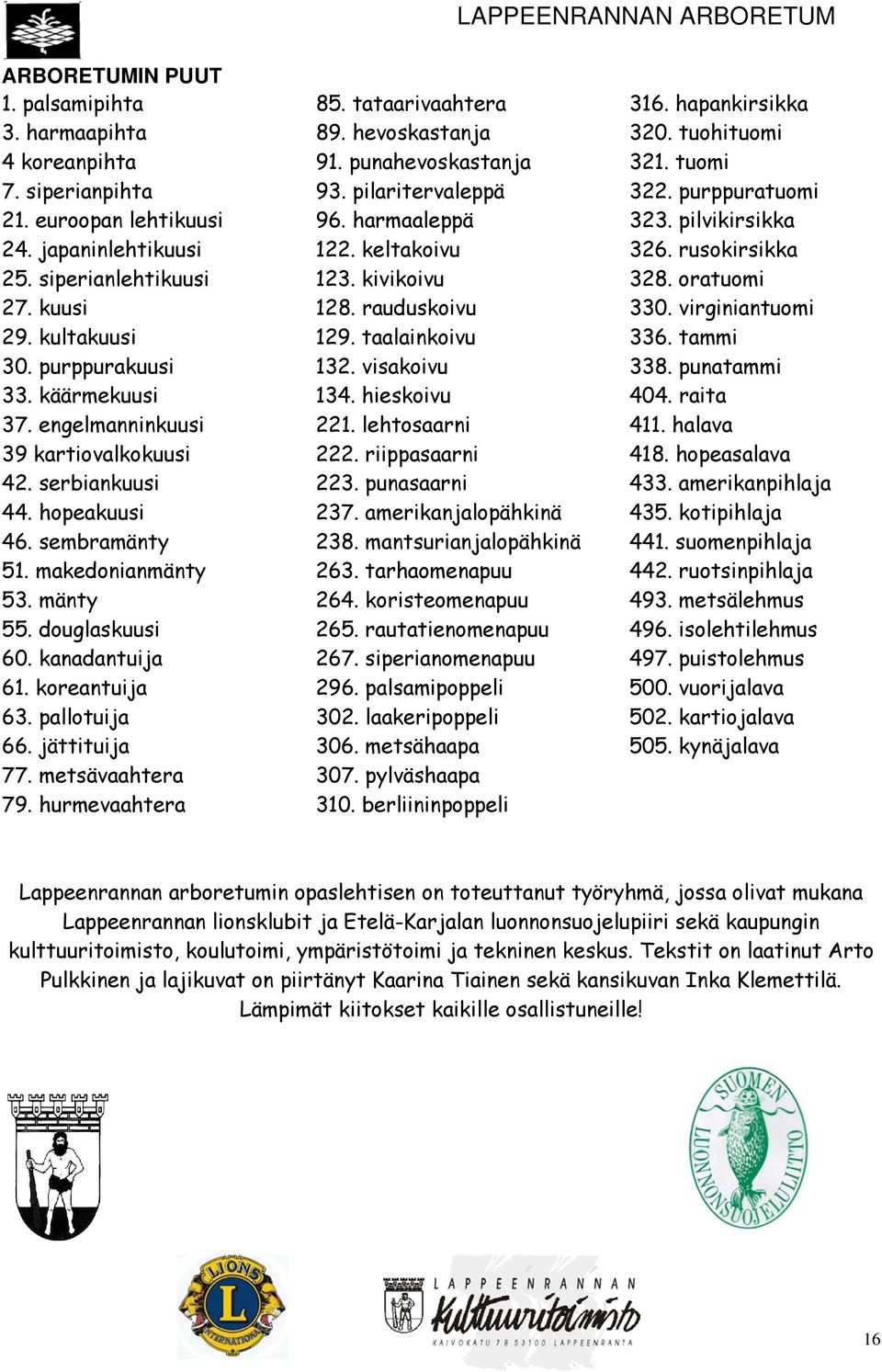 jättituija 77. metsävaahtera 79. hurmevaahtera 85. tataarivaahtera 89. hevoskastanja 91. punahevoskastanja 93. pilaritervaleppä 96. harmaaleppä 122. keltakoivu 123. kivikoivu 128. rauduskoivu 129.