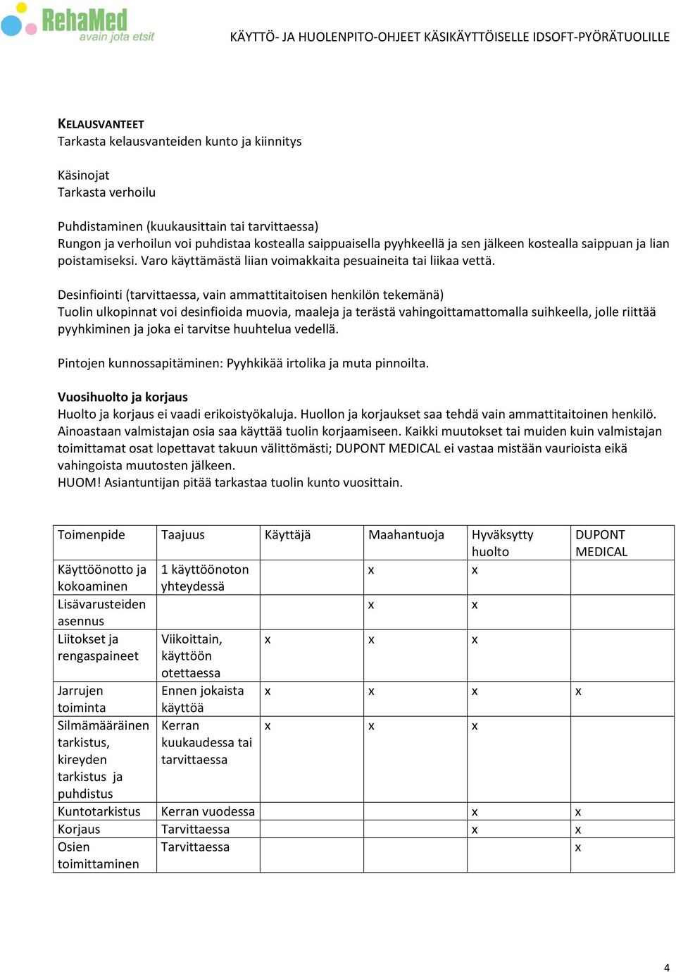 Desinfiointi (tarvittaessa, vain ammattitaitoisen henkilön tekemänä) Tuolin ulkopinnat voi desinfioida muovia, maaleja ja terästä vahingoittamattomalla suihkeella, jolle riittää pyyhkiminen ja joka