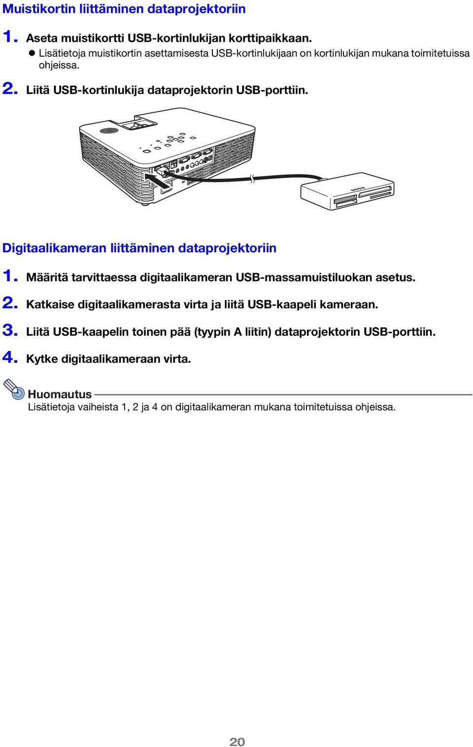 Digitaalikameran liittäminen dataprojektoriin 1. Määritä tarvittaessa digitaalikameran USB-massamuistiluokan asetus. 2.