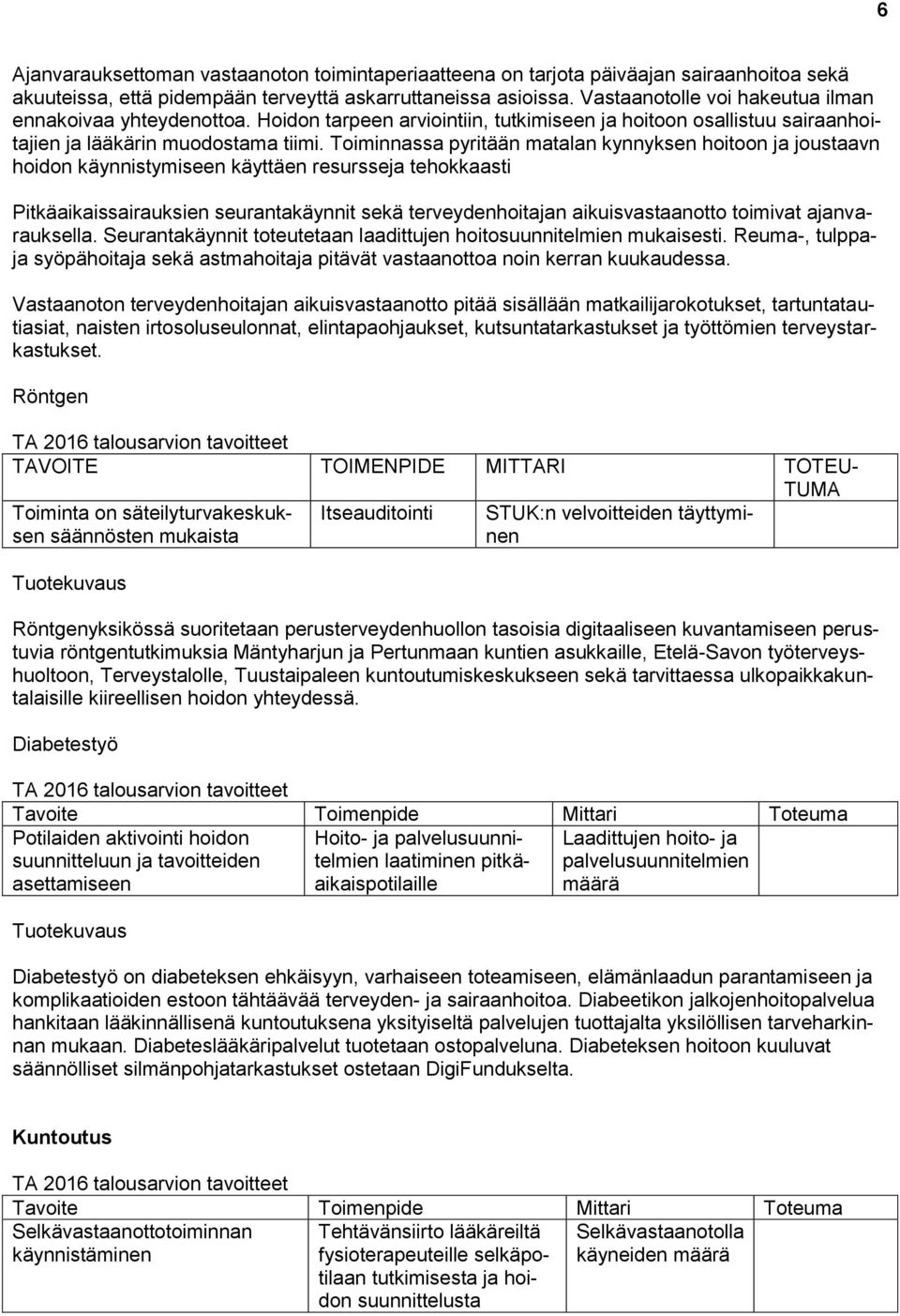 Toiminnassa pyritään matalan kynnyksen hoitoon ja joustaavn hoidon käynnistymiseen käyttäen resursseja tehokkaasti Pitkäaikaissairauksien seurantakäynnit sekä terveydenhoitajan aikuisvastaanotto