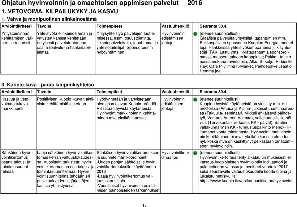 hankintaohjelma). Yritysyhteistyö palvelujen tuottamisessa, esim. osuustoiminta, liikuntapalveluketju, tapahtumat ja yhteisötaiteilijat. Sponsoroinnin hyödyntäminen.