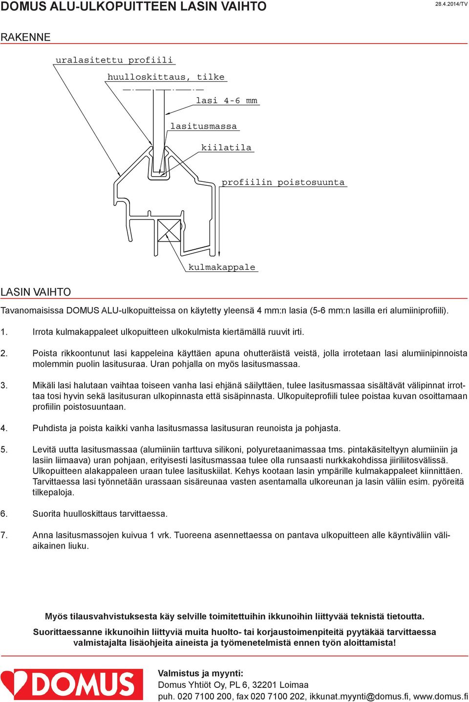 yleensä 4 mm:n lasia (5-6 mm:n lasilla eri alumiiniprofiili). 1. Irrota kulmakappaleet ulkopuitteen ulkokulmista kiertämällä ruuvit irti. 2.