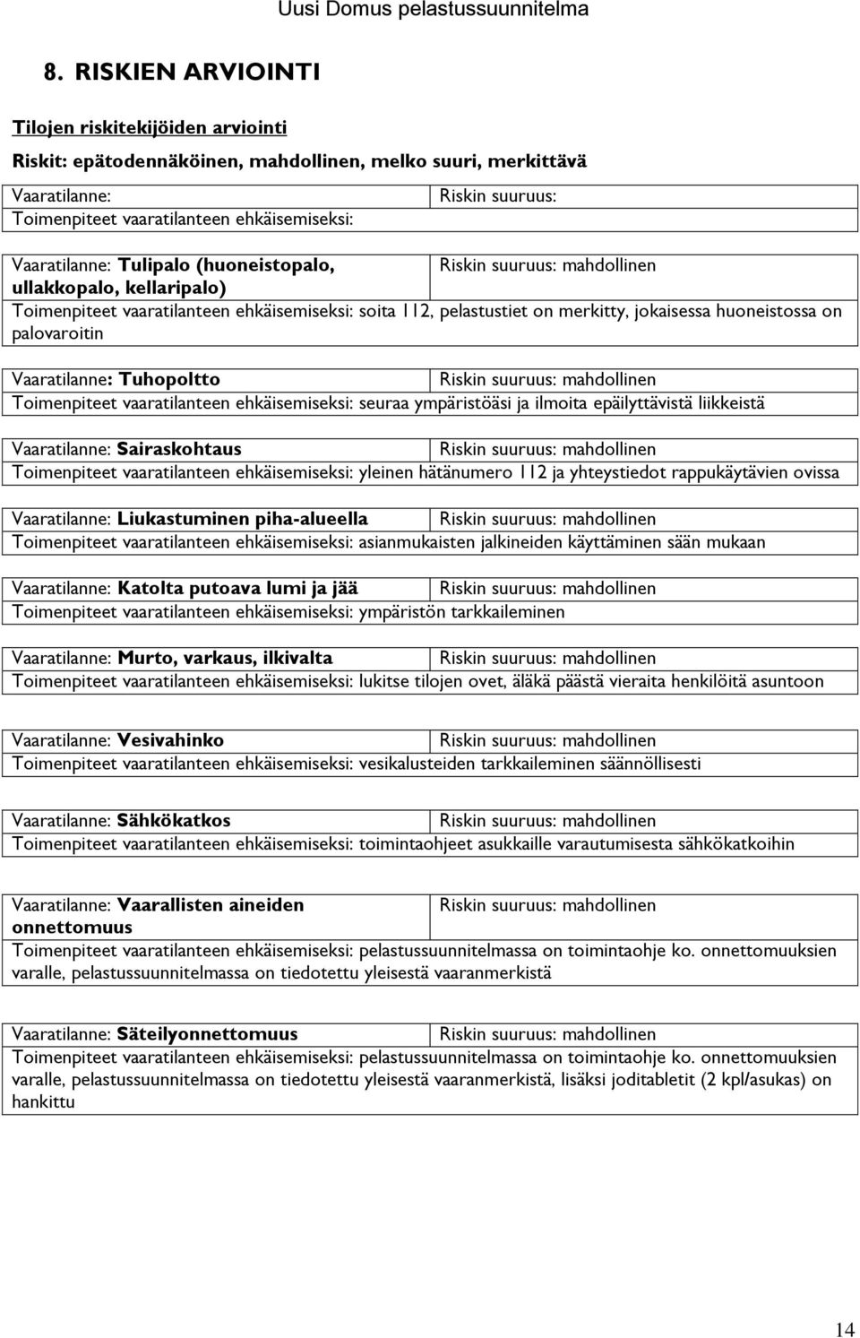 on palovaroitin Vaaratilanne: Tuhopoltto Riskin suuruus: mahdollinen Toimenpiteet vaaratilanteen ehkäisemiseksi: seuraa ympäristöäsi ja ilmoita epäilyttävistä liikkeistä Vaaratilanne: Sairaskohtaus