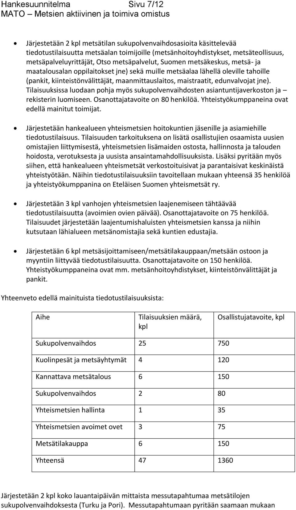 maanmittauslaitos, maistraatit, edunvalvojat jne). Tilaisuuksissa luodaan pohja myös sukupolvenvaihdosten asiantuntijaverkoston ja rekisterin luomiseen. Osanottajatavoite on 80 henkilöä.