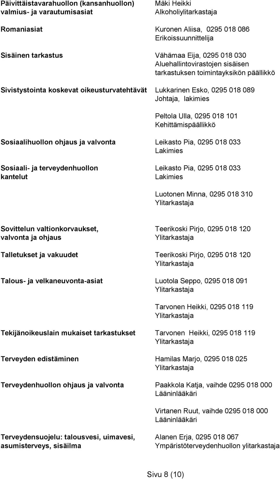 ohjaus ja valvonta Leikasto Pia, 0295 018 033 Lakimies Sosiaali- ja terveydenhuollon Leikasto Pia, 0295 018 033 kantelut Lakimies Luotonen Minna, 0295 018 310 Sovittelun valtionkorvaukset, Teerikoski