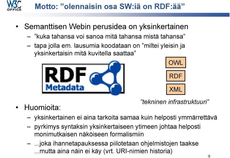 lausumia koodataan on miltei yleisin ja yksinkertaisin mitä kuvitella saattaa Huomioita: OWL RDF XML tekninen infrastruktuuri