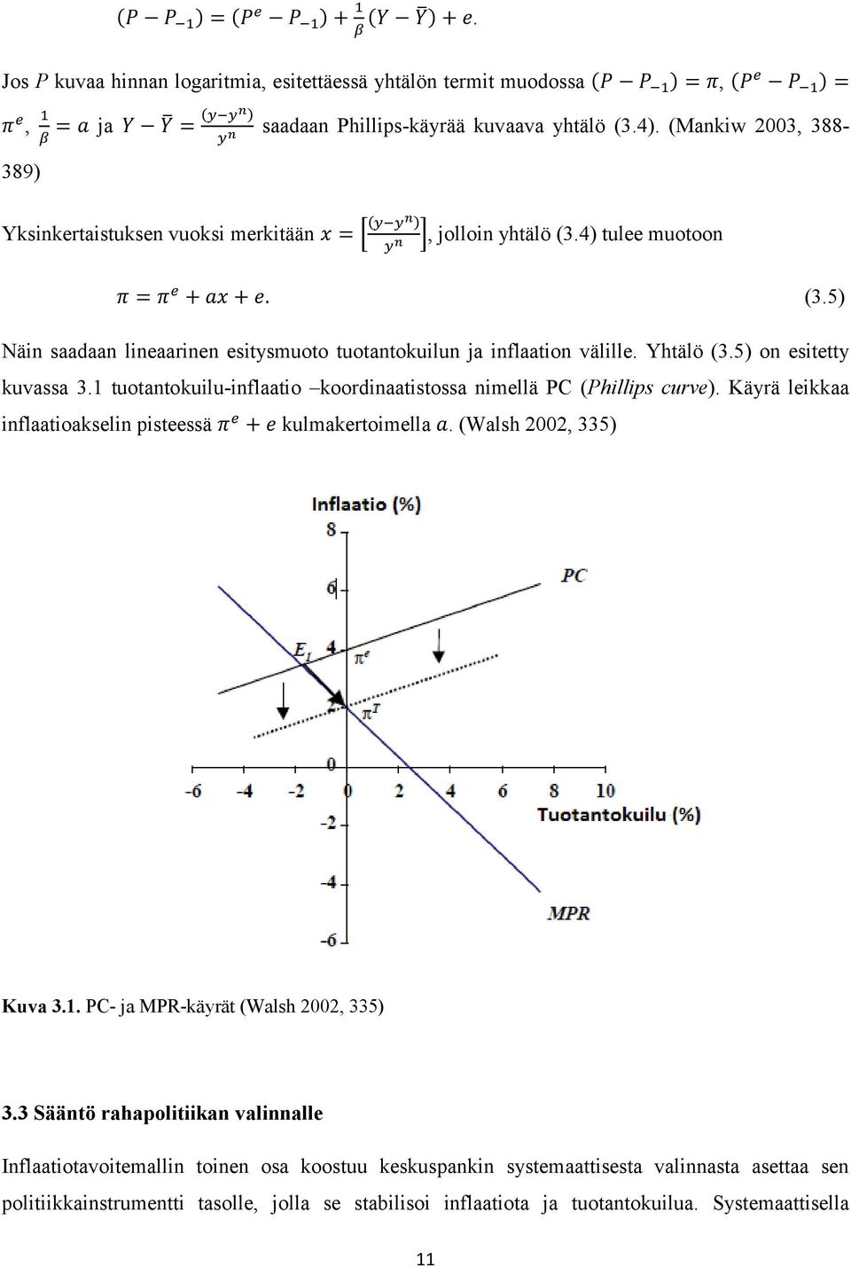 5) on esitetty kuvassa 3.1 tuotantokuilu-inflaatio koordinaatistossa nimellä PC (Phillips curve). Käyrä leikkaa inflaatioakselin pisteessä kulmakertoimella. (Walsh 2002, 335) Kuva 3.1. PC- ja MPR-käyrät (Walsh 2002, 335) 3.