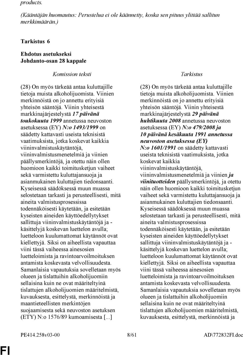 Viinin yhteisestä markkinajärjestelystä 17 päivänä toukokuuta 1999 annetussa neuvoston asetuksessa (EY) N:o 1493/1999 on säädetty kattavasti useista teknisistä vaatimuksista, jotka koskevat kaikkia