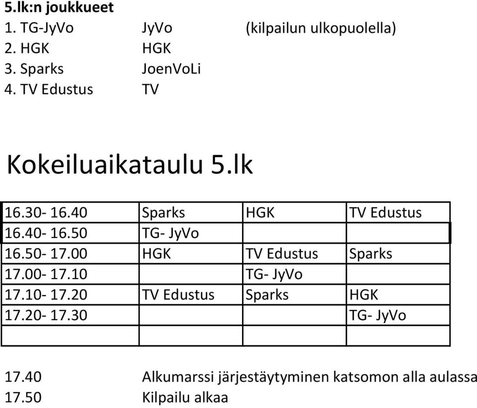 50 TG- JyVo 16.50-17.00 HGK TV Edustus Sparks 17.00-17.10 TG- JyVo 17.10-17.
