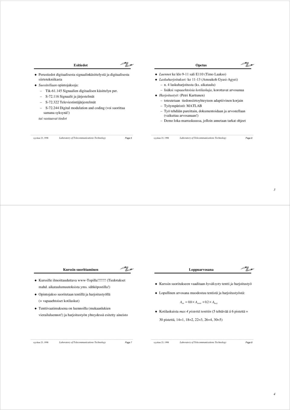 ) tai vastaavat tiedot Opetus Luennot ke klo 9-11 sali E110 (Timo Laakso) Laskuharjoitukset: ke 11-13 (Amoakoh Gyasi-Agyei) n. 4 laskuharjoitusta (ks.