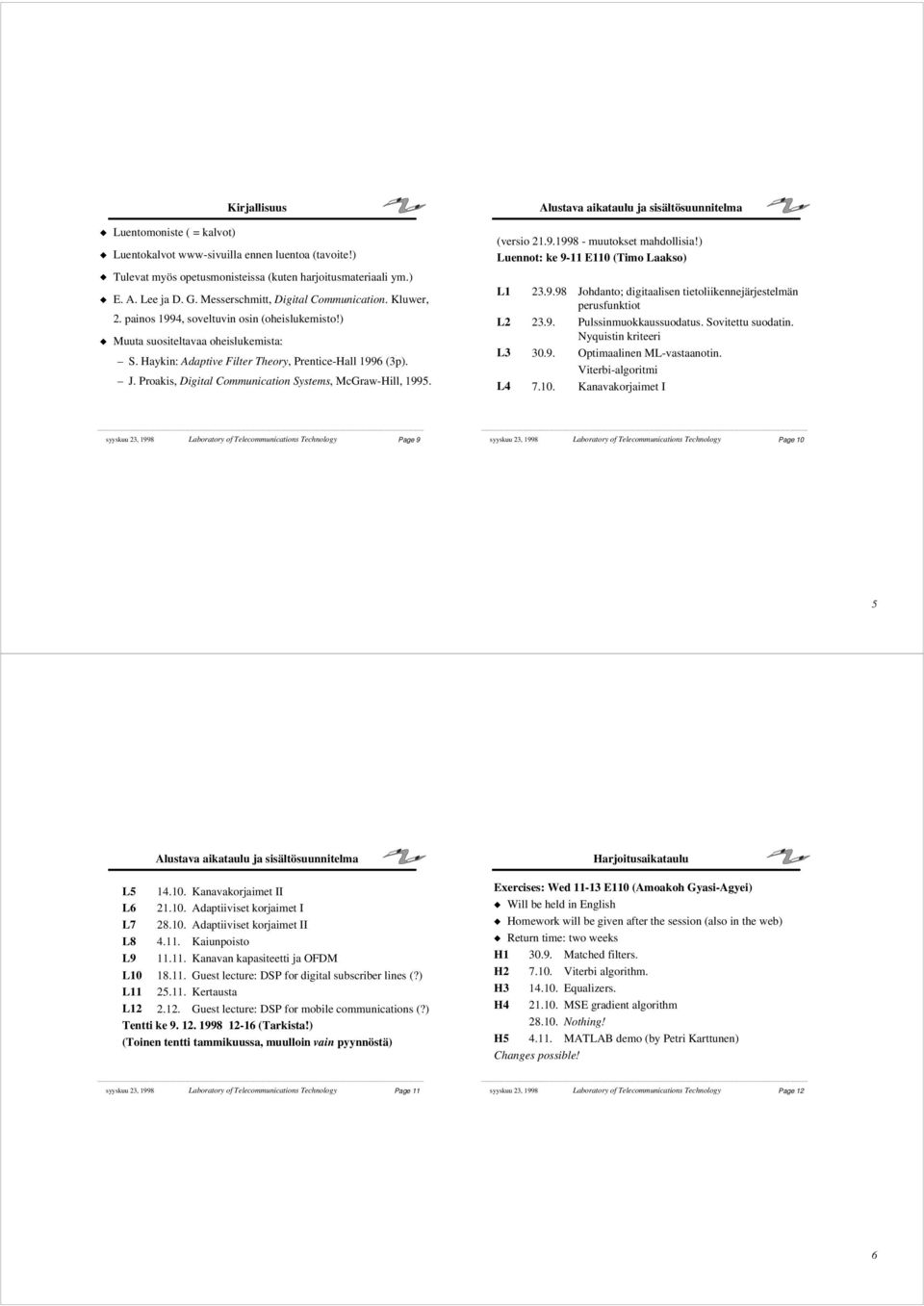 Proakis, Digital Communication Systems, McGraw-Hill, 1995. Alustava aikataulu ja sisältösuunnitelma (versio 21.9.1998 - muutokset mahdollisia!) Luennot: ke 9-11 E110 (Timo Laakso) L1 23.9.98 Johdanto; digitaalisen tietoliikennejärjestelmän perusfunktiot L2 23.