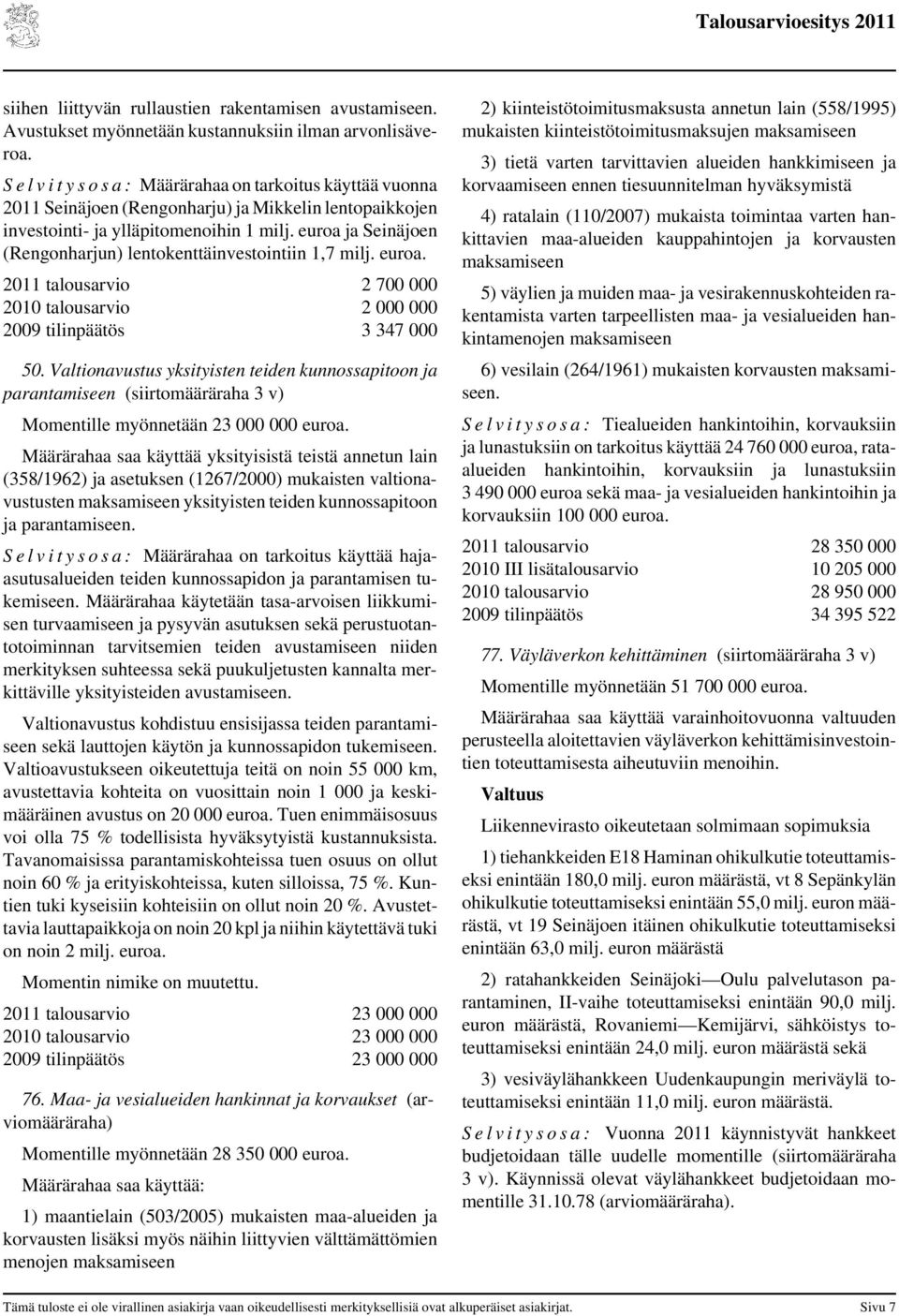 euroa ja Seinäjoen (Rengonharjun) lentokenttäinvestointiin 1,7 milj. euroa. 2011 talousarvio 2 700 000 2010 talousarvio 2 000 000 2009 tilinpäätös 3 347 000 50.